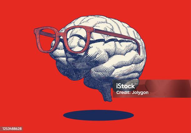 빨간 Bg에 안경 그림과 뇌의 복고풍 그림 창의력에 대한 스톡 벡터 아트 및 기타 이미지 - 창의력, 사색, 지력