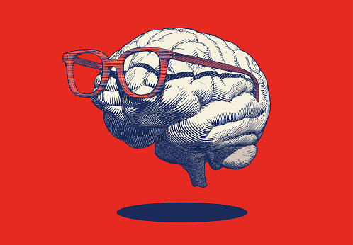 Monochrome blue retro pop art engraving human brain with eye glasses vector illustration in side view isolated on red background