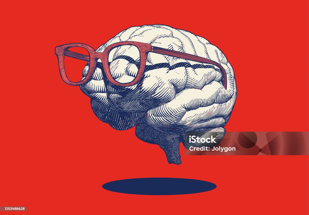 Retro drawing of brain with eyeglasses illustration on red BG Monochrome blue retro pop art engraving human brain with eye glasses vector illustration in side view isolated on red background Creativity stock vector