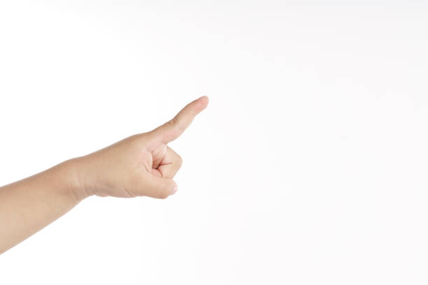 3 years old kid hand pointing at something or aim gesture with index finger on white background