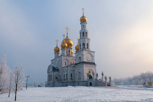Gold domes of the Russian Orthodox Church.  Savior Transfiguration Cathedral. Russia. Abakan