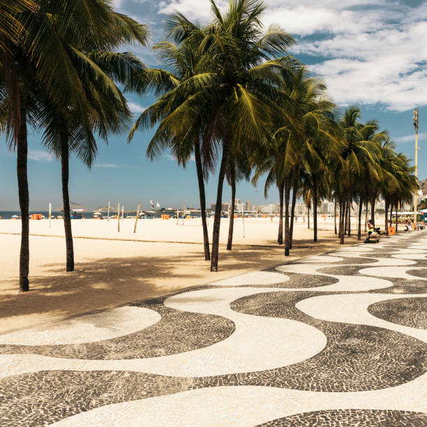 Iconic black and white sidewalk tile pattern and palm trees at Copacabana Beach in Rio de Janeiro, Brazil.