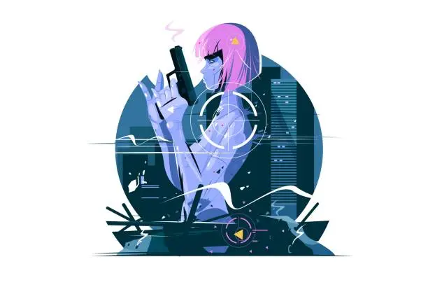Vector illustration of Killer woman with gun