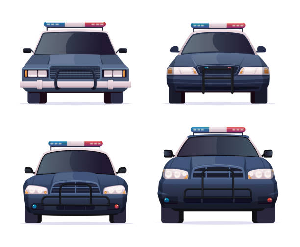istock Cartoon modern police car collection. Vector object isolated on white, front view. Police sedan and jeep car set 1253493137