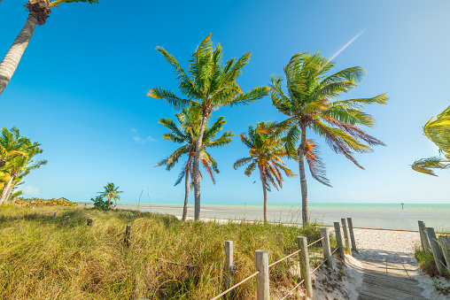 Smathers Beach entrance under a blue sky. Florida Keys, USA