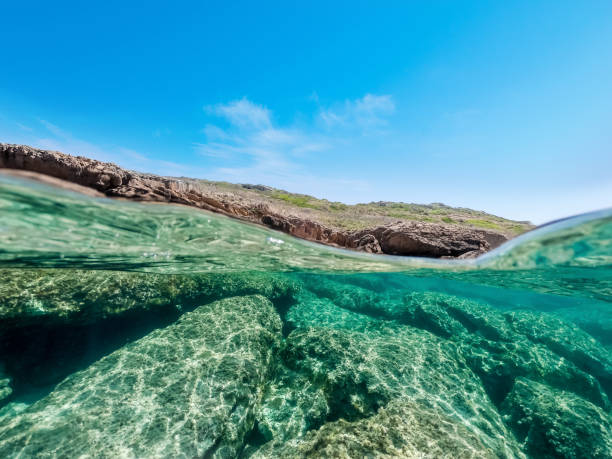 istock Split underwater view of Sardinia rocky shore 1253493286