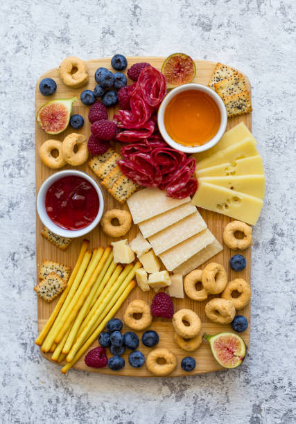 set of starters served with honey and jam - italian cuisine wine food pasta imagens e fotografias de stock