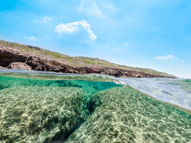 istock Split underwater view of rocks and clear water in Sardinia 1253493356