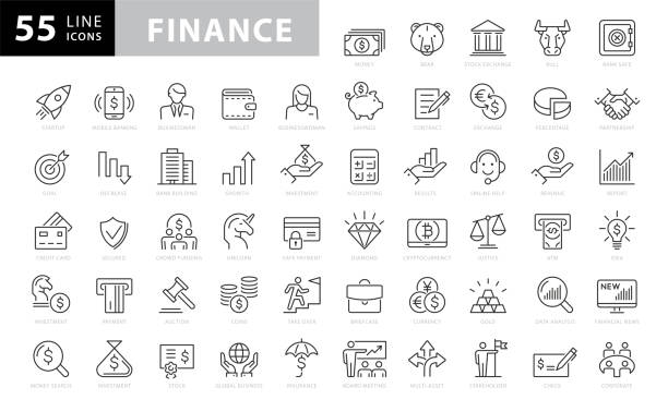 ilustraciones, imágenes clip art, dibujos animados e iconos de stock de colección de iconos de finanzas e inversión - símbolo ilustraciones
