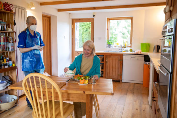 Care With Extra Safety A home caregiver frontline worker visits a senior client who is shielding at home due to the COVID 19 pandemic and maintains a sensible distance as much as possible. meals on wheels photos stock pictures, royalty-free photos & images