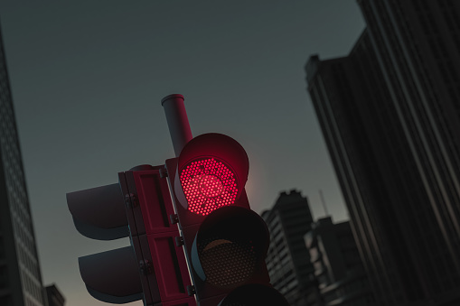 3d rendering of lighten traffic light in red color with coronavirus symbol. Concept of city in quarantine