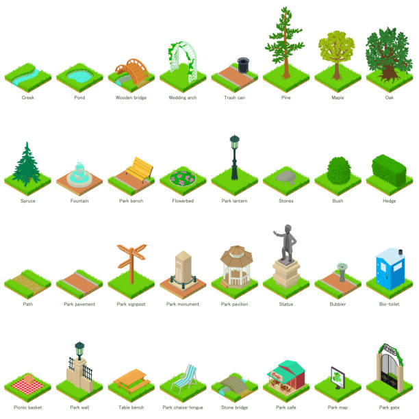 park-natur-elemente-symbole gesetzt, isometrischer stil - garden statue stock-grafiken, -clipart, -cartoons und -symbole