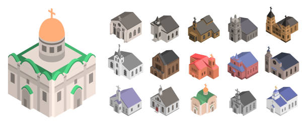 Church icon set, isometric style Church icon set. Isometric set of church vector icons for web design isolated on white background place of worship stock illustrations