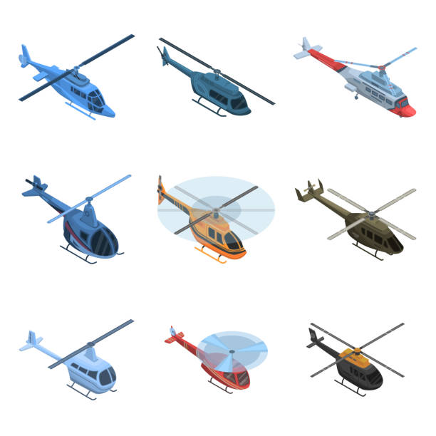 zestaw ikon helikoptera, styl izometryczny - helicopter air vehicle business cargo container stock illustrations