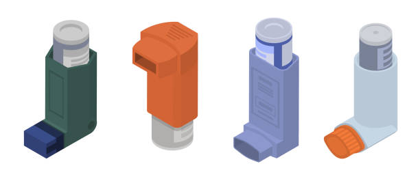 inhalator-symbolsatz, isometrischer stil - asthmainhalator stock-grafiken, -clipart, -cartoons und -symbole