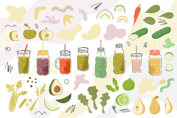 Individual Smoothies Elements Individual vector elements with smoothies or vegetable juices in jars, abstract shapes, fruits and vegetables. smoothie stock illustrations