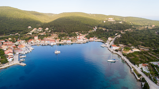 Small village Fiscardo on Kefalonia island during corona virus outbreak. Beautiful settlement on Ionian sea, but with no people at summer 2020 because of closed borders, lockdown islands, and fear for virus spreding