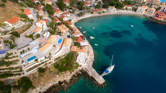 Small village Assos on Kefalonia island during corona virus outbreak. Beautiful settlement on Ionian sea, but with no people at summer 2020 because of closed borders, lockdown islands, and fear for virus spreding