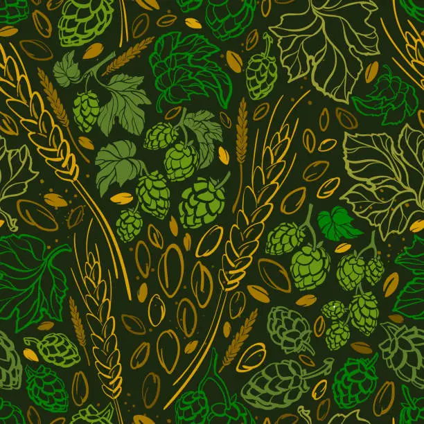 Vector illustration of Wheat seed, hop. Vector doodle seamless pattern
