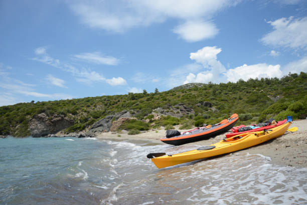 Canoes on sandy beach stock photo