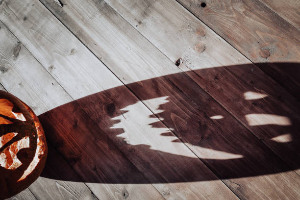 istock Halloween background. Scary dramatic shadow from Pumpkin Jack's head on rustic wooden floor. 1253503120