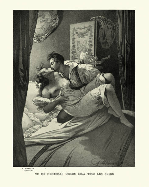 ilustrações, clipart, desenhos animados e ícones de homem apaixonadamente levando uma mulher para a cama, romance do século 19 - couple love old fashioned traditional culture