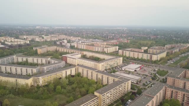 drone flight towards a district of prefabricated slabs in Berlin, Germany