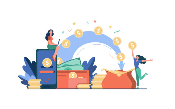 Stylized people sending payment and receiving money Stylized people sending payment and receiving money isolated flat vector illustration. Cartoon tiny woman with wallet and coins. Remittance, bank and financial transactions concept sending money stock illustrations