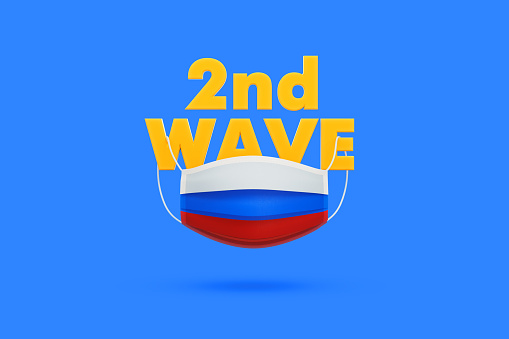 Surgical mask textured with Russian flag hanging from a yellow 2nd Wave text over blue background, Horizontal composition. COVID-19 second wave concept.