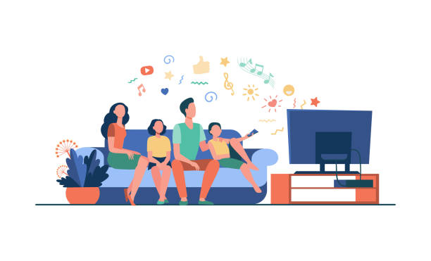 Cartoon happy family watching television together Cartoon happy family watching television together isolated flat vector illustration. Mother, father and kids relaxing on couch at home. Technology, lifestyle and entertainment concept kids watching tv stock illustrations