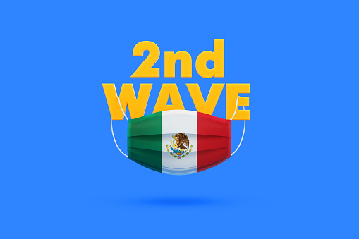 Surgical mask textured with  Mexican flag hanging from a yellow 2nd Wave text over blue background, Horizontal composition. COVID-19 second wave concept.