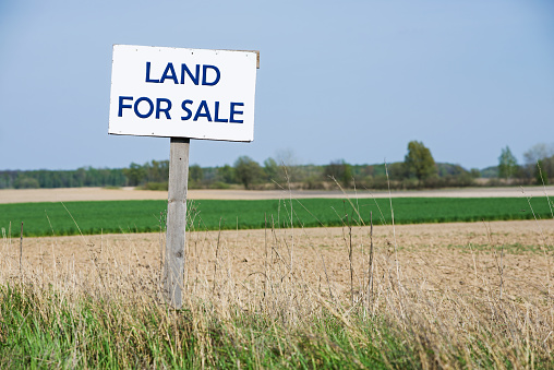 A sign is in front of the land. For sale.