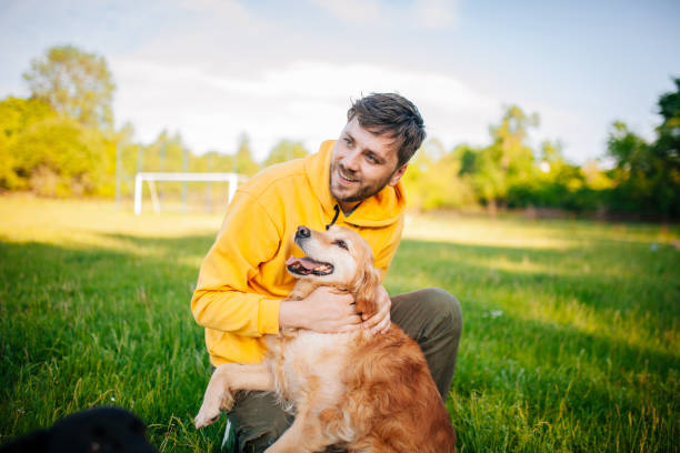 giovane che si diverte con i suoi cani - field dog pets green foto e immagini stock