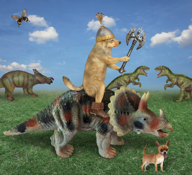 istock Dog with axe riding triceratops 2 1253506520