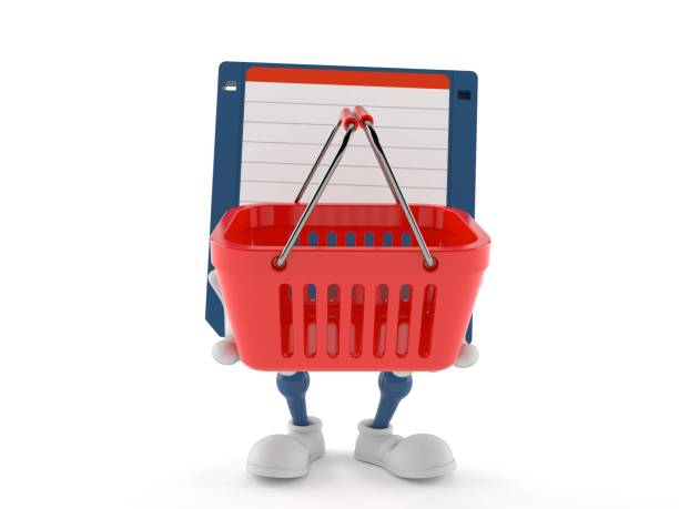 istock Floppy disk character holding shopping basket 1253506758