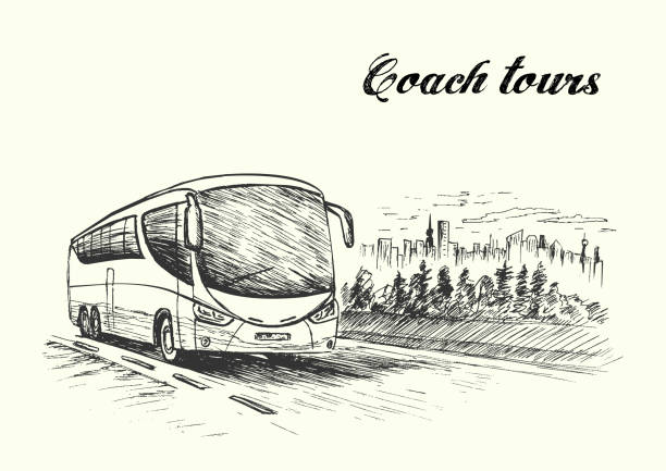 ilustraciones, imágenes clip art, dibujos animados e iconos de stock de autobús que se mueve rápidamente en la carretera, estilo de boceto, vector - bus coach bus tour bus isolated