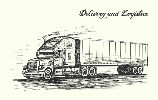 Heavy truck with trailer quickly moving on road,hand drawn,sketch style,isolated,vector,illustration.