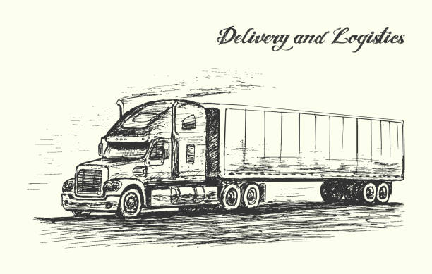 Heavy truck with trailer quickly moving on road,sketch style,vector. Heavy truck with trailer quickly moving on road,hand drawn,sketch style,isolated,vector,illustration. truck drawings stock illustrations