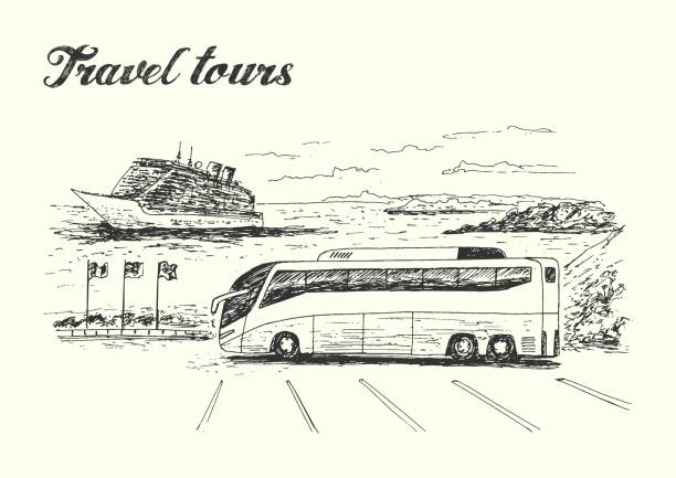 ilustraciones, imágenes clip art, dibujos animados e iconos de stock de escena de viajes con autobús y crucero en estilo de boceto de fondo - coach bus illustrations