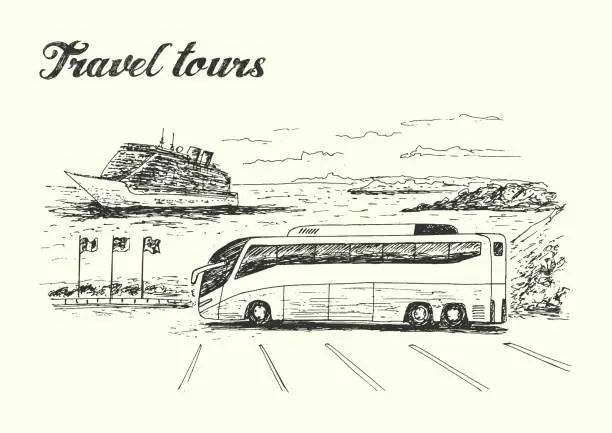 Vector illustration of Travel tours scene with bus and cruise ship on background sketch style