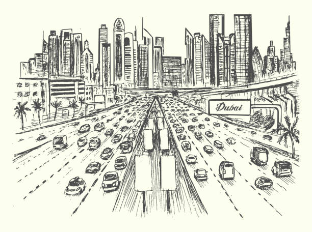dubai belebte autobahn-szene mit stadtbild panorama auf hintergrund, von hand gezeichnet, skizze stil, isoliert, vektor, illustration. - dubai stock-grafiken, -clipart, -cartoons und -symbole