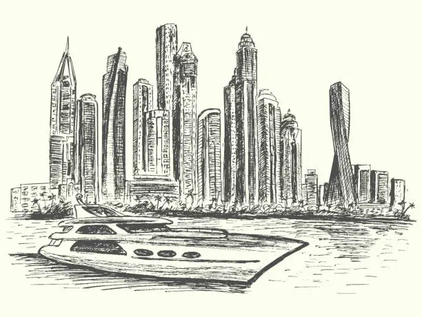 Vector illustration of Dubai panorama scene with modern luxury boat and architecture, hand drawn, sketch style, vector, illustration