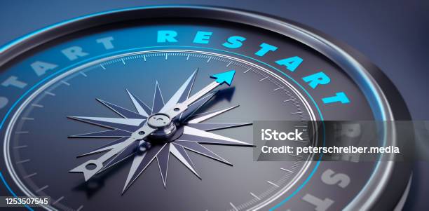 Dark Compass Concept Business Restart Stock Photo - Download Image Now - Restarting, The Way Forward, Compass Rose
