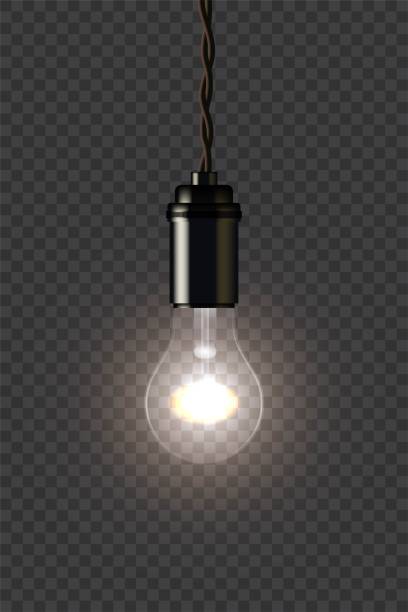 Vintage glowing lamp holding on wire on dark transparent background. Vector isolated design element. Vintage glowing lamp holding on wire on dark transparent background. Vector isolated design element pics of restaurant ceiling design stock illustrations