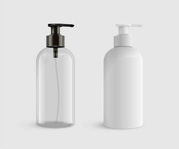 Vector 3D realistic blank transparent and white plastic bottles for Liquid soap or sanitizer Hand sanitizer gel for hand hygiene coronavirus protection. Vector 3D realistic blank plastic transparent and white bottles for Liquid soap, shower gel or shampoo. Isolated presentation design element soap dispenser stock illustrations