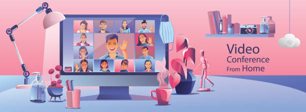 ilustrações de stock, clip art, desenhos animados e ícones de businessmen use video conference landing. people on window screen taking with colleagues. videoconferencing and online meeting workspace page, man and woman learning. vector illustration, flat - vfr