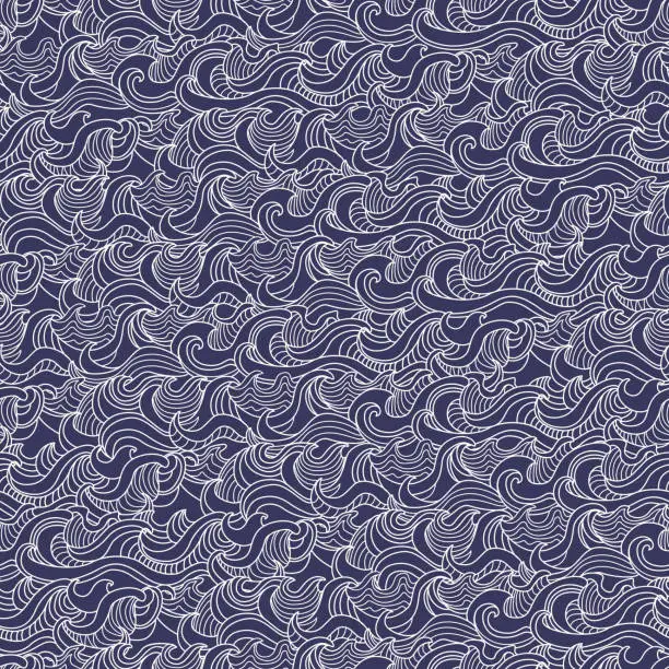 Vector illustration of Vector fantasy Sea seamless pattern with ocean waves. Hand drawn white doodle sketch on a dark indigo blue background. Fairy tale nautical wallpaper, silk textile print, packaging wrapping paper