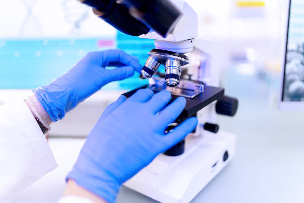 istock Female scientist working with microscope. Close up on hands in protective gloves 1253517163