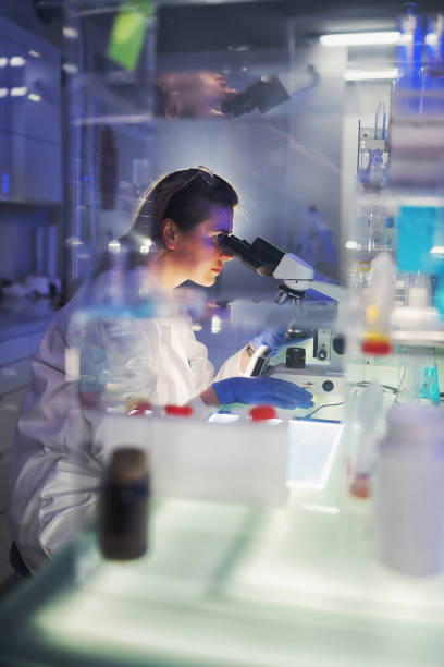 trabajar con muestras médicas. mujer usando microscopio. laboratorio futuristi - microscope laboratory science research fotografías e imágenes de stock