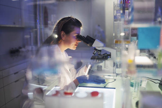 istock Working with medical samples. Woman using microscope. Futuristi laboratory 1253518518